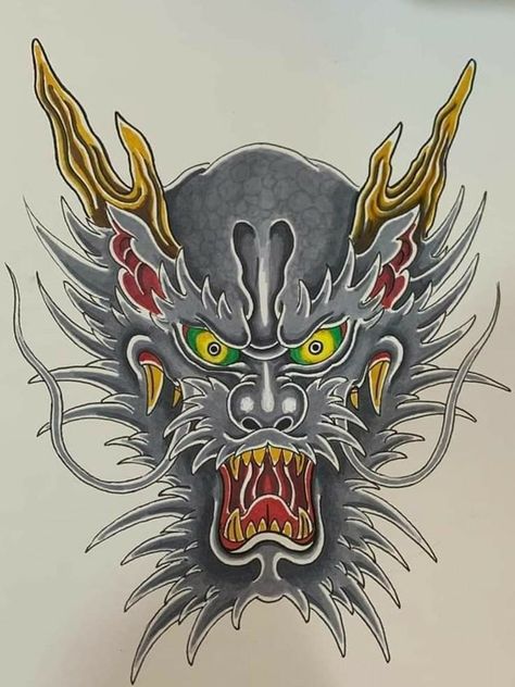 Japanese Demon Tattoo, Dragon Head Tattoo, Horse Tattoo Design, Dragon Tattoo Art, Traditional Tattoo Designs, Chinese Artwork, Dragon Face, Japanese Dragon Tattoos, Scary Tattoos