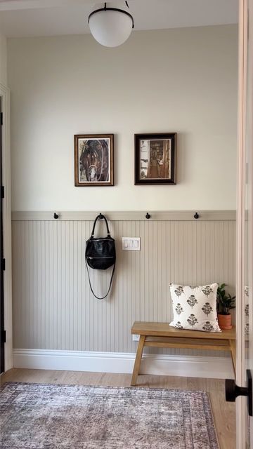 Mudroom Ideas Entryway Beadboard, Wainscoting Small Entryway, Wood Wall Entryway Ideas, Painted Beadboard Wainscoting, Half Painted Wall With Wood Trim, Bathroom Beadboard With Hooks, Wainscotting With Hooks, Beadboard Front Entry, Beadboard Wall Entryway