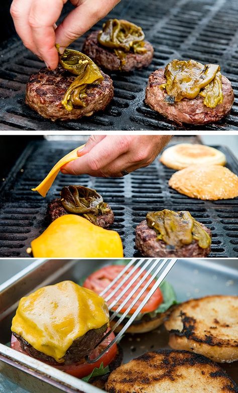 Green chile elk burgers Elk Burger Recipes, Elk Burgers, Elk Burger, Elk Meat Recipes, Summer Barbecue Food, Elk Recipes, Best Cooking Oil, Game Meat, Cheese And Tomato