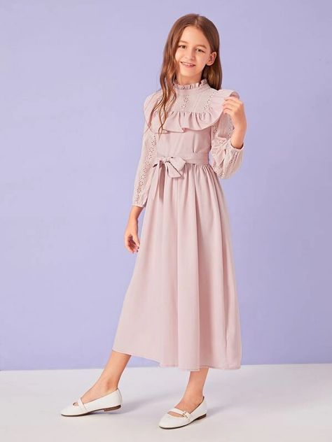 Modest Girls Dresses, Stand Collar Dress, Girls Spring Dresses, Dresses Shein, Purple Pastel, Girl Dress Patterns, Ruffle Trim Dress, Eyelet Embroidery