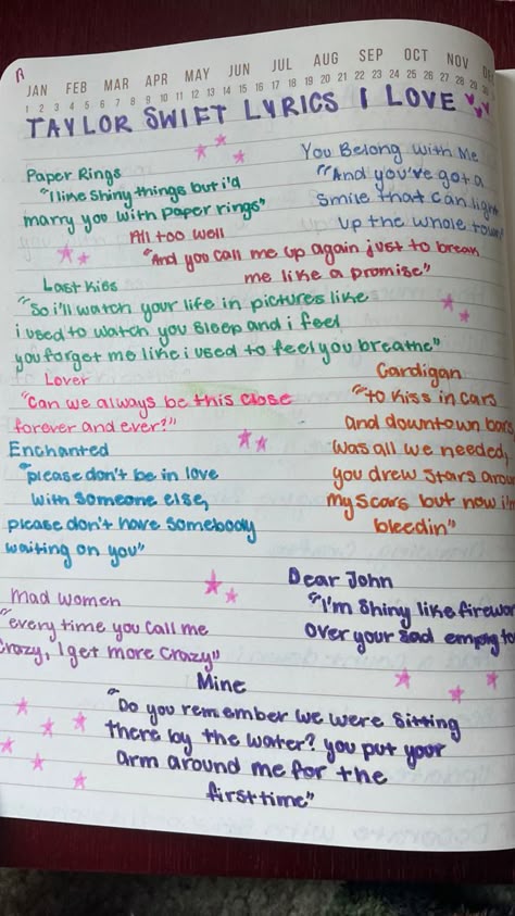 Taylor Swift Sketchbook Ideas, Taylor Swift Lyrics For Birthday Card, Lyric Drawings Taylor Swift, Taylor Swift Lyrics Journal, Song Book Journal, Taylor Swift Writing, Taylor Swift Journal Ideas, Taylor Swift Scrapbook, Lyrics Journal