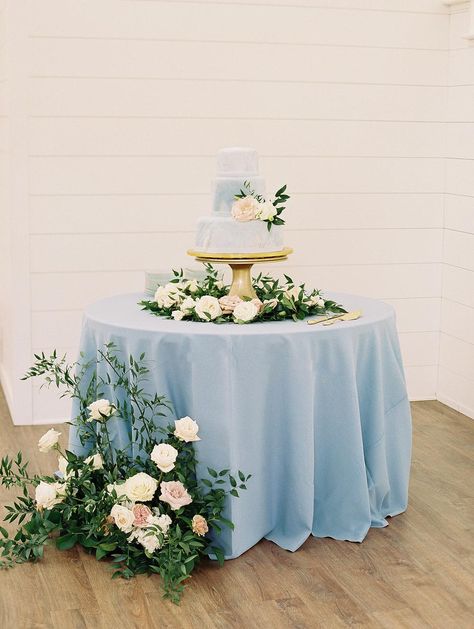 Cake Table Arrangement, Dusty Blue Cake Table, Bride Cake Table Ideas, Flowers Around Cake Table, Table Cake Decoration Ideas Wedding, Wedding Cake Table Decorations Simple, Subtle Cinderella Wedding, Wedding Cake Table Backdrop Ideas, Cake Table Set Up