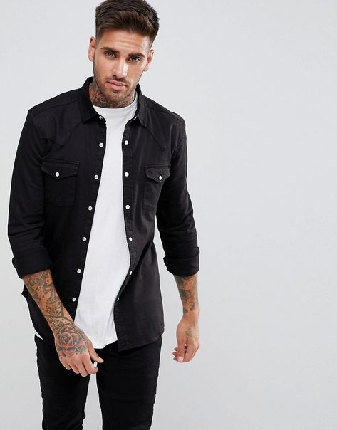 Black Denim Shirt Outfit, Mens Denim Shirt Outfit, Black Denim Shirt, Denim Shirt Outfit, Denim Western Shirt, Asos Menswear, Shirt Outfit Men, Western Denim Shirt, Cowboys Shirt