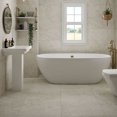 Simple, yet elegant stone effect Titanium adds a serene ambience to any space. The porcelain modern matt finish creates an effortlessly chic style, suitable for both wall and floor. Mix and match Titanium Ivory 30x60 rectangular tiles on your wall with Titanium Graphite floor tiles for a contrasting aesthetic to your bathroom. Available in three muted coordinating shades; Ivory, Silver and Graphite. Bathroom Design Ideas 2023, Tile Giant, Beige And White Bathroom, Natural Stone Tile Bathroom, Contemporary Bathroom Inspiration, Washroom Tiles, Modular Bathroom, Stone Tile Bathroom, Modular Bathrooms