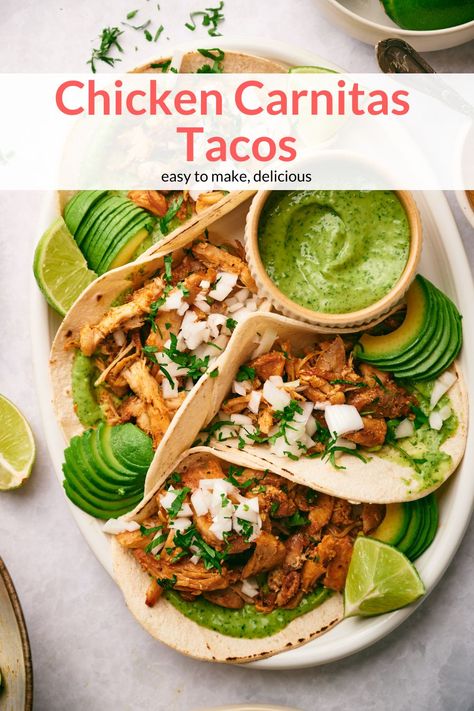 Chicken Carnitas Tacos, Chicken Carnitas, Carnitas Tacos, Mexican Side Dishes, Freezer Food, Slender Kitchen, Ancho Chili Powder, Ancho Chili, Green Salsa