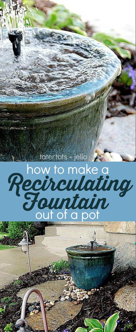 Make a DIY Recirculating Fountain for your yard out of a pot! Taman Diy, Diy Water Feature, Taman Air, Rock Designs, Diy Water Fountain, Air Mancur, Diy Garden Fountains, Fountains Backyard, Diy Fountain