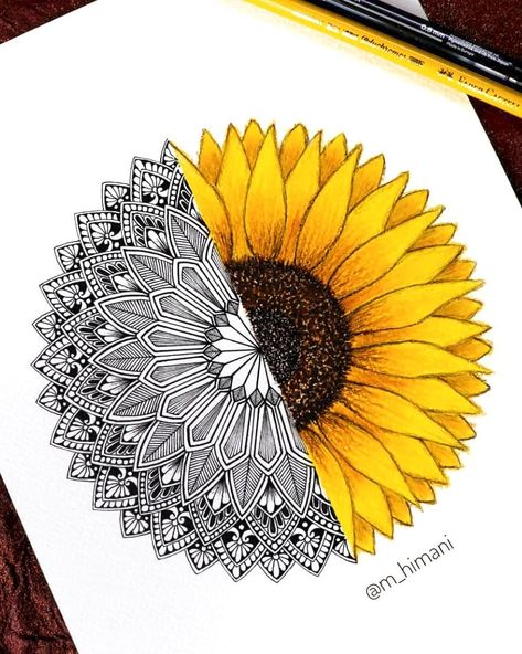 ⁣My entry for the #dtiysmandalas⠀ ⠀ Floral and half mandala⠀ ⠀ I had been seeing sunflowers everywhere from last few days.⠀ Hence I decided… Mandala Filling Patterns, Sunflower Mandala Drawing, Half Mandala Drawing, Mandala Drawing Easy, Nature Design Art, Drawing Easy Step By Step, Half Mandala, Drawing Mandala, Nature Mandala