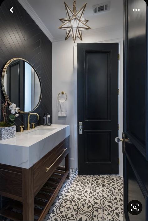 White Powder Room, Traditional Powder Room, Powder Room Ideas, Black And White Bathroom, Powder Room Decor, Powder Room Design, Half Bathroom, Basement Bathroom, Upstairs Bathrooms