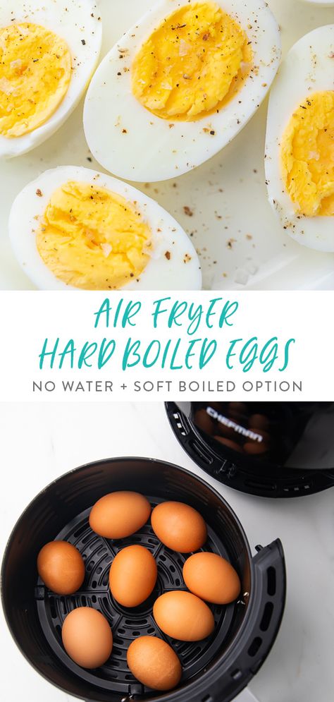 Making hard boiled eggs in an air fryer couldn't be easier! There's no water to boil, no under- or overcooked eggs, and it's totally hands-off. Your eggs turn out perfect and easy to peel every time! Delicious on their own or in deviled eggs, on salads, in recipes, or for meal prep. #airfryer #easy #eggs #hardboiled Air Fryer Hard Boiled Eggs, Cooking Hard Boiled Eggs, Hard Boiled Egg Recipes, Cooking Eggs, Making Hard Boiled Eggs, Boiled Egg Diet, Soft Boiled Eggs, Air Fryer Dinner Recipes, Air Fryer Healthy