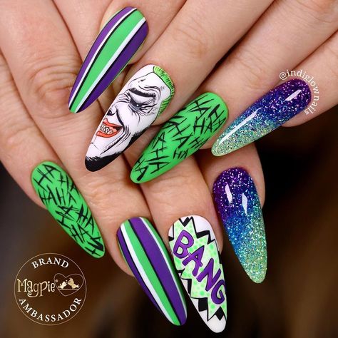 Gel Nails Design Ideas, Beautiful Gel Nails, Joker Nails, Gel Nails Design, Theme Nails, Horror Nails, Nails Design Ideas, Gel Nail Art Designs, Nail Art Techniques