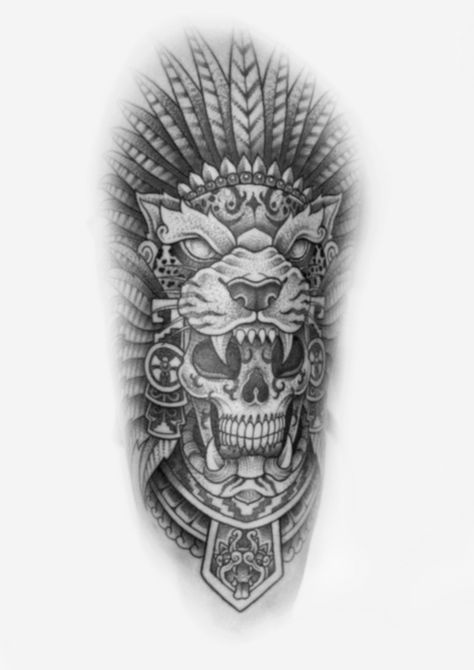 Above The Knee Tattoo Men, Front Thigh Tattoos, Front Neck Tattoo, Aztec Tattoos Sleeve, Thigh Tattoo Men, Full Chest Tattoos, Jaguar Tattoo, Pocket Watch Tattoos, Mayan Tattoos