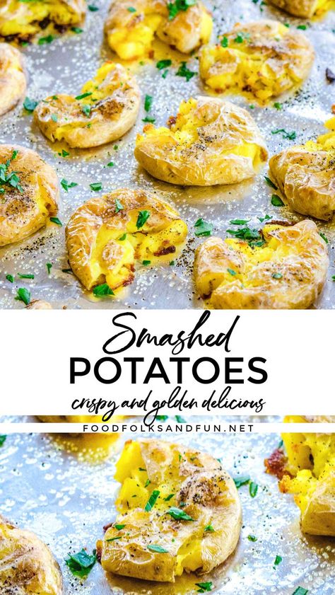 These Crispy Smashed Potatoes are by far my favorite potato recipe. They are creamy on the inside with beautifully crisp edges on the outside. They are the perfect side dish for almost any meal! Smashed Potatoes Baked, Ww Sides, Bean Salads, Smashed Potatoes Recipe, Potatoes Baked, Crispy Smashed Potatoes, Kielbasa Recipes, Friends Recipes, Easy Meal Ideas