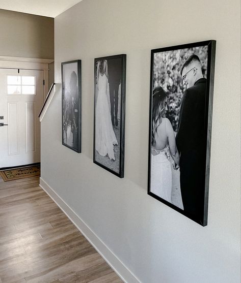 Hallway Canvas Display, Family Pictures In Hallway, Maternity Photo Wall Display, Hallway Wedding Photos, Long Hallway Picture Display, Wedding Pictures Display At Home, Hallway Picture Display, Hallway Photo Wall, Hallway Photo Gallery