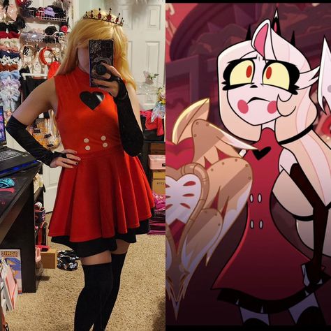 Can't decide if I want to fix the buttons since this was just a fun quick cosplay, but we'll see! Charlie's battle outfit was too cute not… | Instagram Hazbin Hotel Charlie Cosplay, Hazbin Hotel Outfits, Hazbin Hotel Inspired Outfits, Hazbin Cosplay, Edith Head Gowns, Battle Outfit, Group Cosplay, Closet Cosplay, Hazbin Hotel Charlie