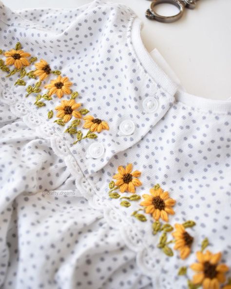 Ashrifa Anwer on Instagram: “Pretty row of sunflowers on my little love’s dress✨ She loves running her fingertips over the embroidery to feel the texture. I told her Oh…” Love S, Love Run, She Loves, Tell Her, Boho Shorts, Smocking, The Row, White Shorts, Love Her