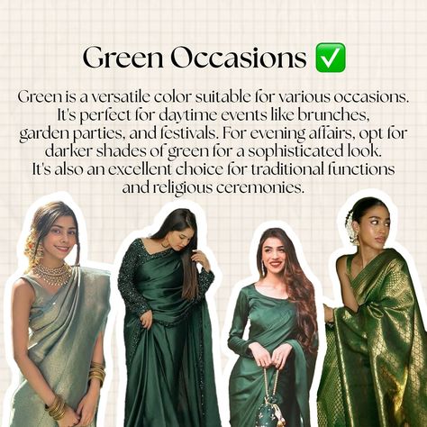 Green is more than just a colour; it’s a mood! This calming hue is associated with balance, harmony, and growth. When you wear green, you radiate tranquility and peace. Let our green sarees be your canvas for expressing your inner serenity. What does the colour green evoke in you? Share your thoughts below! 💚 Disclaimer: Some images in this post are from Pinterest. Credit goes to the original owners. #GreenSaree #ColourPsychology #GreenTherapy #SareeFashion #IndianWear #GreenLove #Nature... Green Sarees, The Colour Green, Colour Psychology, Religious Ceremony, Green Saree, Wear Green, Dark Shades, Saree Styles, Indian Wear