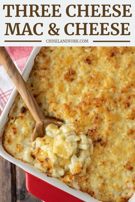 Three Cheese Mac And Cheese Recipe, Three Cheese Mac And Cheese, Cheese Mac And Cheese, Baked Mac And Cheese Recipe, Cheddar Mac And Cheese, Macaroni Cheese Recipes, Italian Comfort Food, Baked Mac N Cheese, Mac And Cheese Recipe