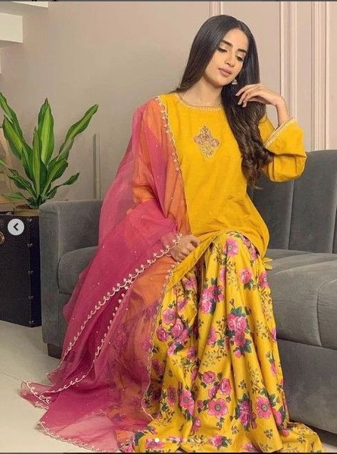 Haldi Ceremony Dress, New Party Wear Dress, Saboor Aly, Saboor Ali, Gharara Designs, Haldi Ceremony Outfit, Asian Wedding Dress Pakistani, Dress Designs For Girls, Party Wear Frocks