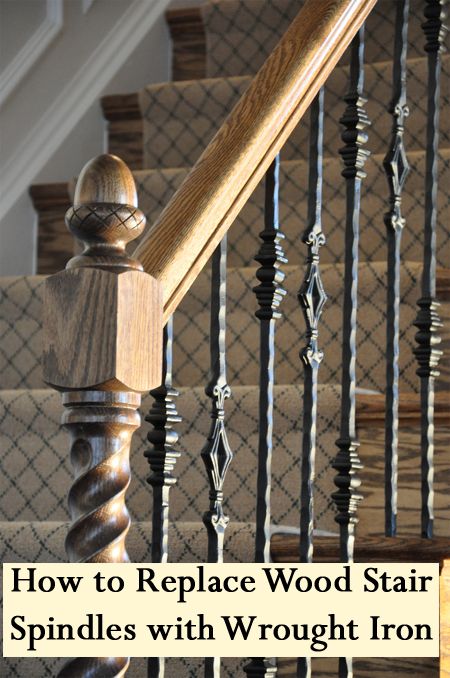 Upgrading your basic wood stair spindles, which are also called balusters, will give your home a more custom look.  See the steps below for how to replace your wood stair spindles with wrought iron. Stair Railing Makeover, Wrought Iron Stair Railing, Wrought Iron Staircase, Stair Spindles, Stair Rails, Handrail Design, Iron Stair Railing, Wrought Iron Stairs, Iron Staircase