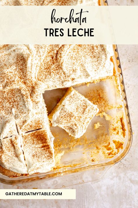 Tres Leches Pie, Venezuelan Tres Leches Cake, Tees Leches Cake Recipe, Horchata Whipped Cream, Horchata Tres Leches Cake Recipe, Tres Leches Whipped Topping, Dessert Ideas For Restaurant, Horchata Cheesecake Recipe, Horchata Tres Leches Cake