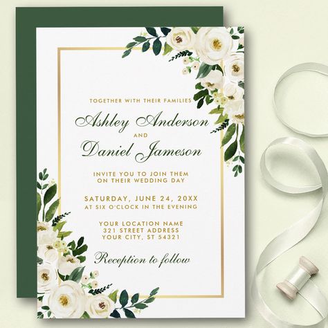 Green Floral Wedding Invitations, Wedding Invitations Green And Gold, Green White Gold Wedding, Green And White Wedding Invitations, Green Invitation Card, Green And Gold Wedding Invitations, Green White And Gold Wedding, Dragonfly Wedding, Green And Gold Wedding