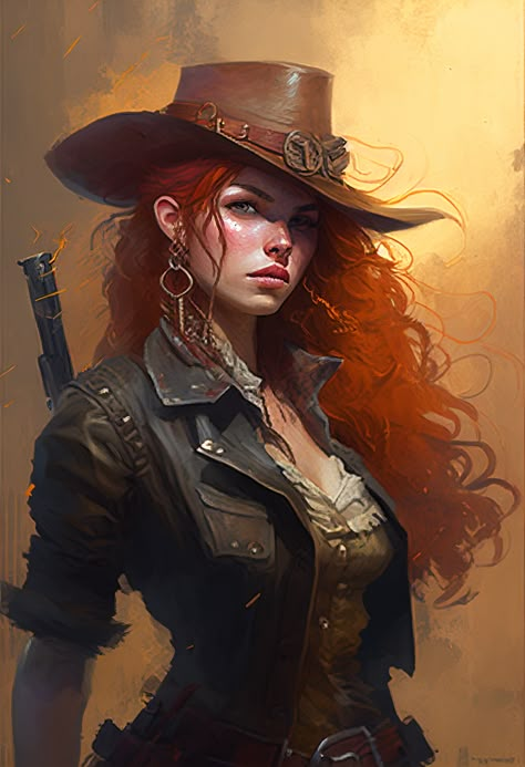 female gunslinger, red hair, deadlands, weird west, spaghetti western Western Female Gunslinger Art, Female Gunslinger Character Art, D&d Gunslinger, Western Character Art, Female Gunslinger Art, Red Hair Character Art, Red Hair Female Character Art, Western Character Design, Western Oc