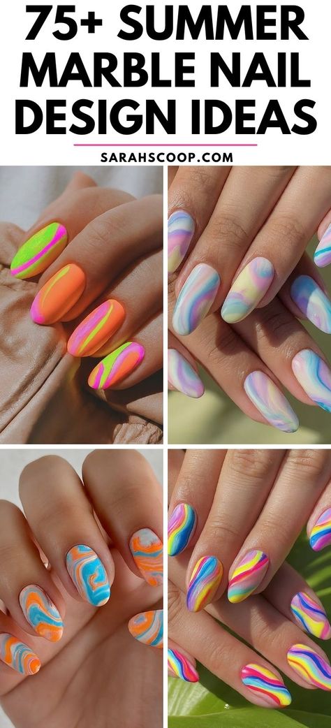 Bring a splash of color and creativity to your summer with these marble nails. #SummerNails #MarbleNails #NailArtDesigns Water Marble Nail Art Color Combos, Bright Marble Nails, Marble Nails Design, Marble Nails Tutorial, Stiletto Nails Short, Water Marble Nail Art, Water Marble Nails, Marble Nail Designs, Marble Nail