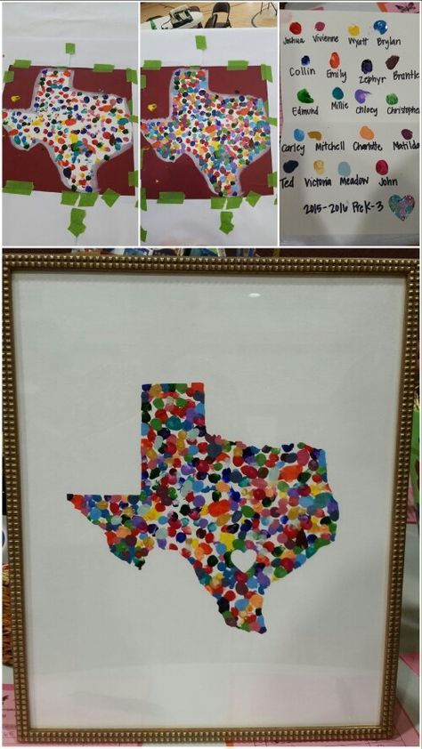 DIY Texas Fingerprint art for my son's preschool class Silent Auction project. Turned out amazing! Progress photos on top. We used a flat canvas. Each child's fingerprint was a different color and we put that on a separate page to give with the painting. #texasart #fingerprintart #auction #classproject Just Because For Him, Class Art Auction, Classroom Auction Projects, School Auction Art Projects, School Auction Projects, Class Auction Projects, Art Auction Projects, Class Auction, Group Art Projects