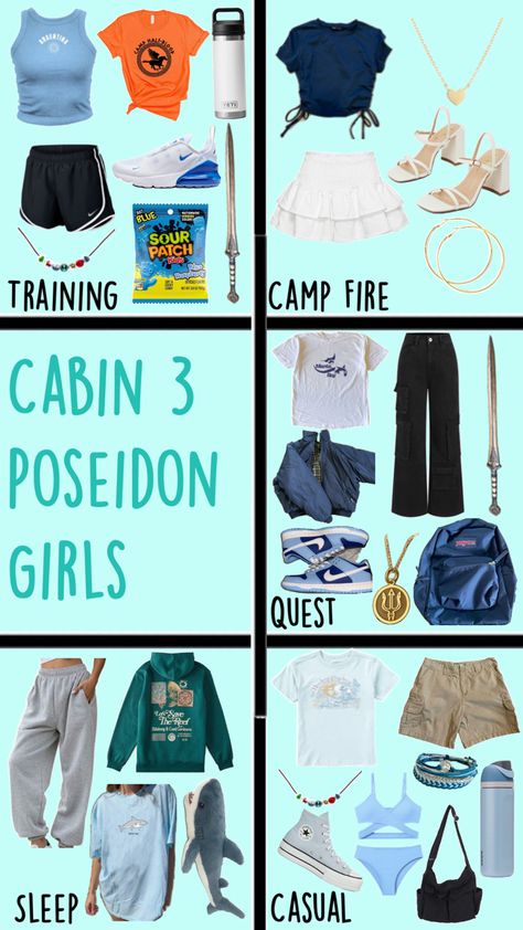 Cabins Outfits, Poseidon Cabin, Cabin Outfit, Percy Jackson Outfits, Percy Jackson Cabins, Fire Training, Sour Patch Kids, Girls Outfits, Training Camp