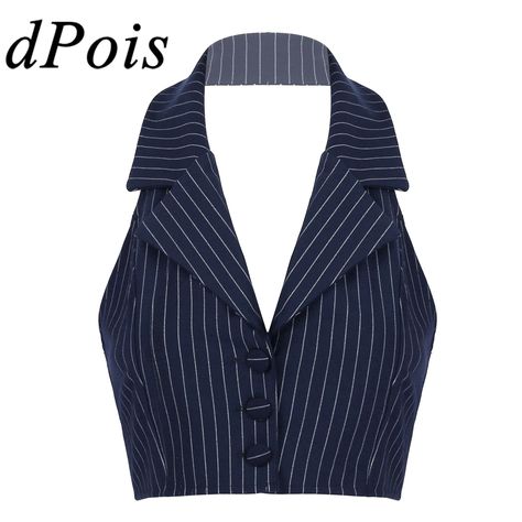 Womens Stripe Vests Elegant Ol Waistcoat Suit Vest Halter Neck V-neck Office Ladies Crop Tops Business Formal Work Wear Mujer - Vests - AliExpress Formal Work Wear, Waistcoat Suit, Dressy Vest, Tailored Vest, Rok Mini, Halter Vest, Striped Vests, Business Tops, Women Halter