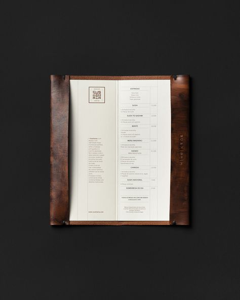 Sushiaria Menu Design by Another Collective Restaurant Stationary Design, Menu Classic Design, Restaurant Catalogue Design, Japanese Menu Design, Fine Dining Menu Design, Menu Book Design, Tasting Menu Design, Leather Menu Design, Classy Menu Design Restaurant