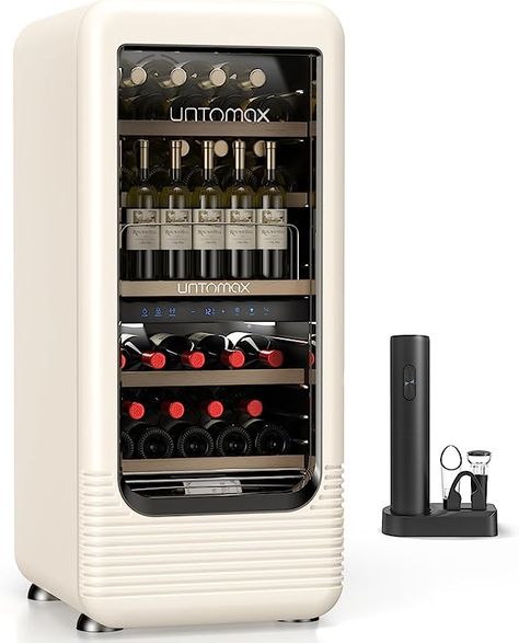 UNTOMAX 56 Bottles Wine Fridge Retro Dual Zone Wine Cooler Refrigerator, 41F-72F Freestanding Wine Cellar for Red/White/Champagne, Temperature Memory Quiet Compressor for Kitchen/Office, Off White Dual Zone Wine Fridge, Retro Fridge, Neutral Kitchen, White Champagne, Wine Refrigerator, Wine Display, Compact Refrigerator, Wine Fridge, Outdoor Bar