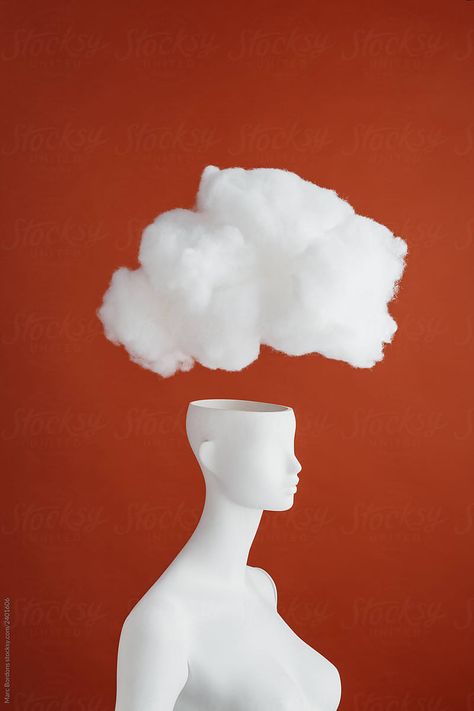 Big white cloud is over a white female mannequin’s open and empty head. They are in front of a rust-colored backgound. Open Head Tattoo, Open Head Art, Open Head Drawing, Moodboard Illustration, Clouds Artwork, Clouded Mind, Cloud Face, Small Stage, Cloud Artwork