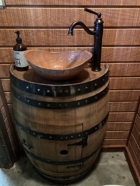 Wine Barrel Sink Bathroom, Barrel Sink Bathroom, Trough Bathtub, Wine Barrel Sink, Unique Bathroom Sinks, Makeover Kamar Mandi, Barrel Sink, Unique Sinks, Bathroom Sink Design