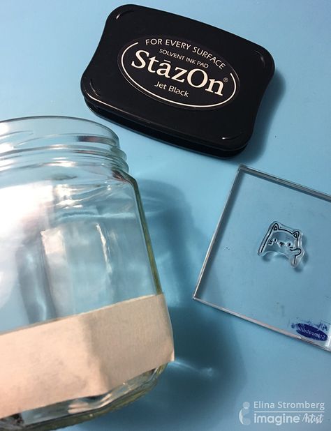 Learn How to Stamp on Glass with StazOn Ink | Imagine Cardmaking Techniques, Recycled Jars, Paper Pumpkin Stampin Up, Stazon Ink, Rainy Day Crafts, Decorated Bottle, Etsy Ideas, Mason Jar Crafts Diy, Diy Stamp