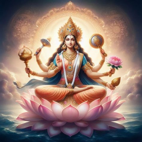 Siddhidatri (The Giver of Supernatural Powers) A regal goddess seated on a blooming lotus, with four arms holding a discus, conch, lotus, and mace. She is depicted with a calm, powerful expression, her aura glowing with divine light. The background is a celestial realm, filled with soft, glowing clouds and a golden light, symbolizing the fulfillment of all desires and spiritual power. . jai kali maa. maha kali #kalimatha #kalimata #mahakali_status #durgadevi Glowing Clouds, Marvel Infinity Stones, Celestial Realm, Kali Maa, Supernatural Powers, Glow Cloud, Kali Mata, Marvel Infinity, Blooming Lotus