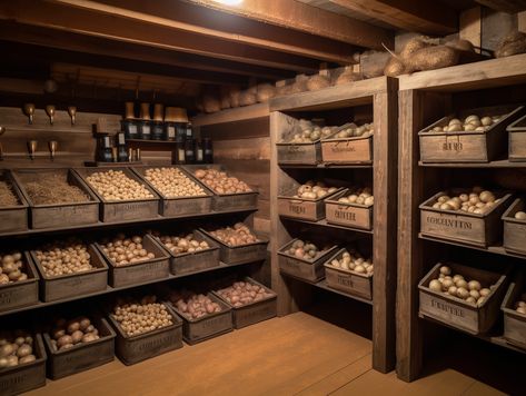 Food Cellar Design, Canning Cellar, Basement Cold Room Food Storage, Root Cellar Organization, Farm Store Design, Cold Room Storage Ideas, Canning Room Organization, Homesteading Kitchen, Canning Room Ideas