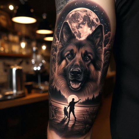 Realistic German Shepherd Tattoo, Dog Memorial Tattoo Sleeve, Father Inspired Tattoos, Dog Tattoo Men, Dog Sleeve Tattoo, Ziggy Tattoo, German Shepherd Tattoo Ideas, Dog Memorial Tattoos Unique, German Shepherd Tattoos