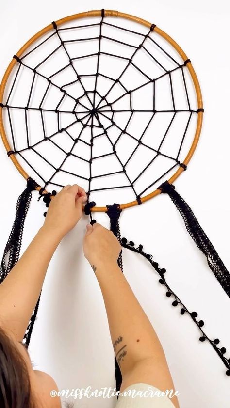 How to make spider web dreamcatcher for Halloween 🕷🕸 #diymacrame #diyhalloween #diydreamcatcher #halloweendreamcatcher #halloweenmacrame #macrameanimals #macramelover | Miss Knottie Macrame | Andrew Gold · Spooky, Scary Skeletons Make Spider Web, Halloween Dream Catcher, Spider Web Diy, Halloween Diy Crafts Decoration, How To Make Spiders, Andrew Gold, Spooky Scary Skeletons, Knots Guide, Halloween Crochet Patterns