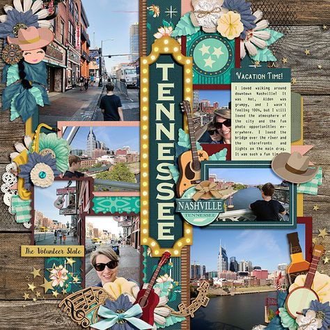 Grand Ole Opry Scrapbook Layouts, Road Trip Scrapbook Layout, Nashville Scrapbook Layouts, Tennessee Scrapbook, Scrapbooking Photos, Scrap Paper Crafts, Scrapbooking Layouts Travel, Travel Scrapbook Pages, Travel Journal Scrapbook