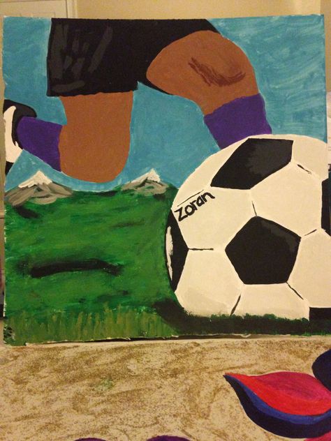 Soccer Acrylic Painting, Soccer Paintings Easy, Soccer Painting Ideas, Soccer Canvas Painting, Soccer Paintings, Painting With Acrylic Paint, Football Paintings, Mini Tela, Football Canvas