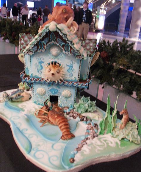 Ocean Gingerbread House, Cookie Houses, Octopus Cake, Homemade Gingerbread House, Cool Gingerbread Houses, Giant Octopus, Gingerbread Ideas, Gingerbread House Parties, Homemade Gingerbread