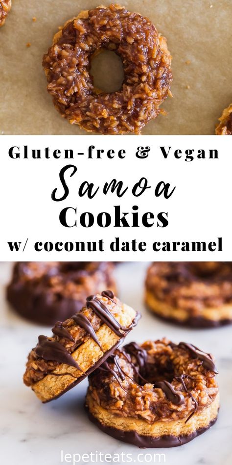 These gluten free and vegan Samoa Cookies are a luxurious treat made with a grain free shortbread, toasted coconut-date caramel and dark chocolate. A healthier spin on a classic girl scout cookie recipe. Kids and adults love these Gluten Free Girl Scout Cookies, Samoa Cookie, Samoa Cookies, Date Caramel, Vegan Christmas Recipes, Date Recipes, Lost 100 Pounds, Caramel Cookies, Vegan Christmas