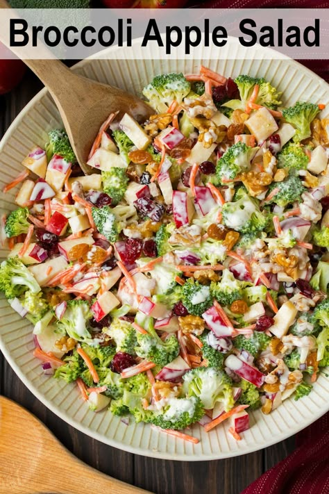 Broccoli Apple Salad - A delicious salad made with fresh broccoli, gala apples, carrots, dried cranberries, red onion, walnuts and a creamy, sweet and tangy dressing. #cookingclassy #broccoli #apple #salad Broccoli Apple Salad, Raisin Salad, Salad Apple, Crunchy Broccoli, Recipe Broccoli, Apple Recipes Healthy, Apple Salad Recipes, Sweet Apples, Easy Broccoli