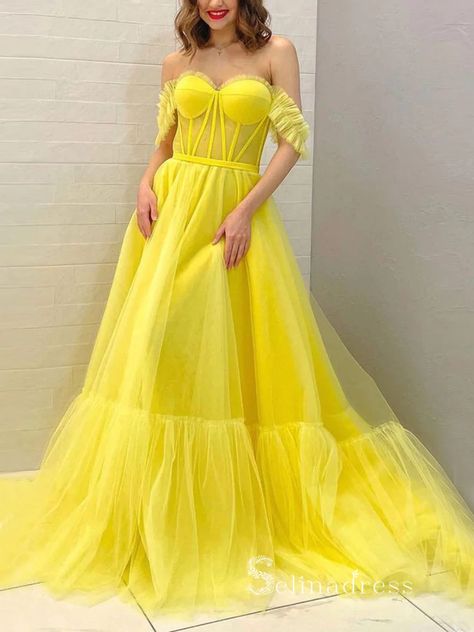 Yellow Prom Dress Long, Layered Prom Dress, Tulle Long Prom Dress, Off Shoulder Evening Gown, Formal Dresses Graduation, Prom Dresses Yellow, A Line Evening Dress, Custom Prom Dress, Tulle Evening Dress