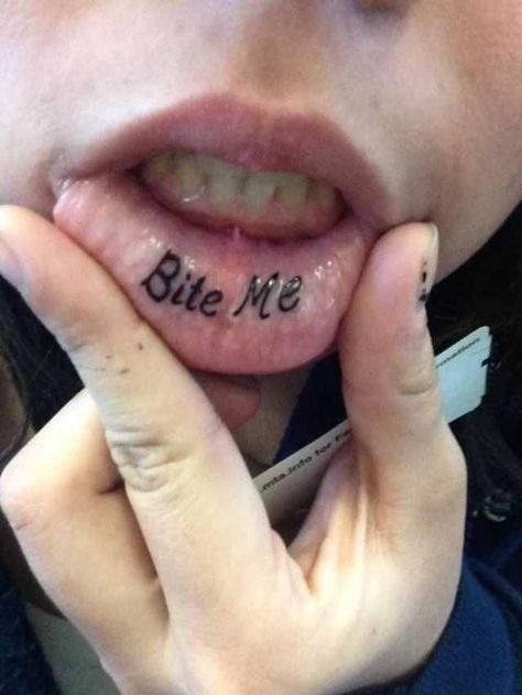 Bite me Small Lips Tattoo, Inside Lip Tattoos, Bite Me Tattoo, Inner Lip Tattoo, Mouth Tattoo, Me Tattoo, Small Lips, Poke Tattoo, Lip Tattoos