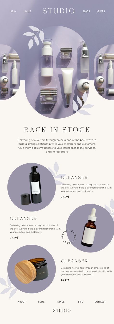 Beauty brands can use this elegant and aesthetic email newsletter template to promote their products and Aesthetic Newsletter Template, Best Seller Email Design, Ecommerce Newsletter Design, Email Email Design Email Email Design Inspiration Creative, Cool Newsletter Design, Sms Sign Up Email Design, Cosmetic Template Design, Mailer Design Templates Email Marketing, Social Media Email Design