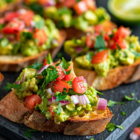 Guacamole Bruschetta: A Fusion of Fresh Flavors Guacamole Bruschetta, Shrimp Taco Sauce, Creamy Guacamole, Shrimp Taco, Bruschetta Recipe, Taco Sauce, Spanish Onion, Shrimp Tacos, Yummy Appetizers