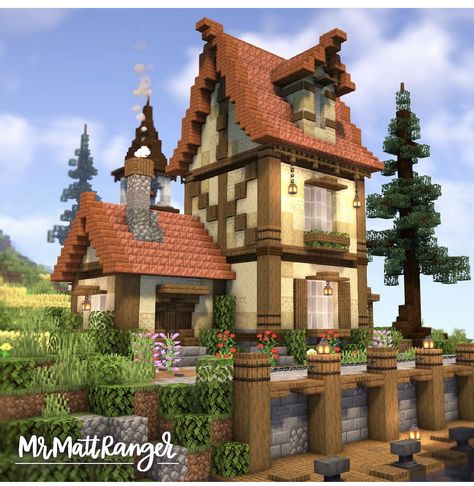 Mc Houses, Minecraft Cabin, Minecraft Fantasy House, Minecraft Medieval House, Minecraft Building Guide, Minecraft Garden, Minecraft Steampunk, Minecraft House Plans, Bangunan Minecraft