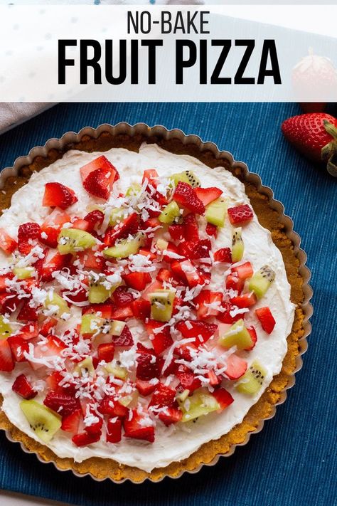 With cream cheese and fresh fruit on top of a homemade graham cracker crust, this no-bake fruit pizza recipe makes a perfect summer dessert. #NoBake #NoBakeDessert #FruitPizza #FruitTart #DessertRecipes Fruit Pizza Bar, Dessert Pizza Fruit, Fruit Pizza Sugar Cookie Recipe, Fruit Pizza Crust, Homemade Graham Cracker, Graham Cracker Crust Recipe, Healthy Fruit Pizza, Pizza Sugar Cookie, Easy Fruit Pizza